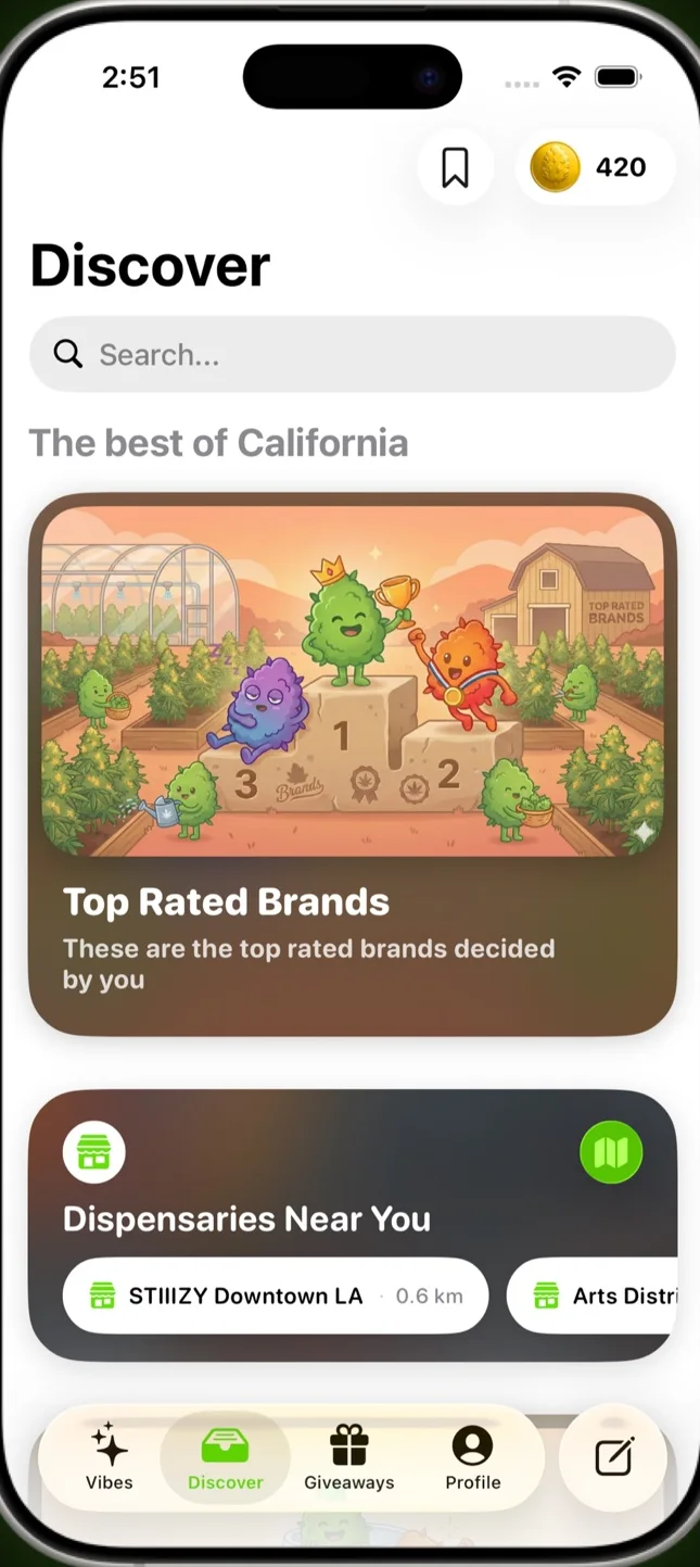 The NugVue Discover screen: top-rated brands in California and dispensaries nearby.