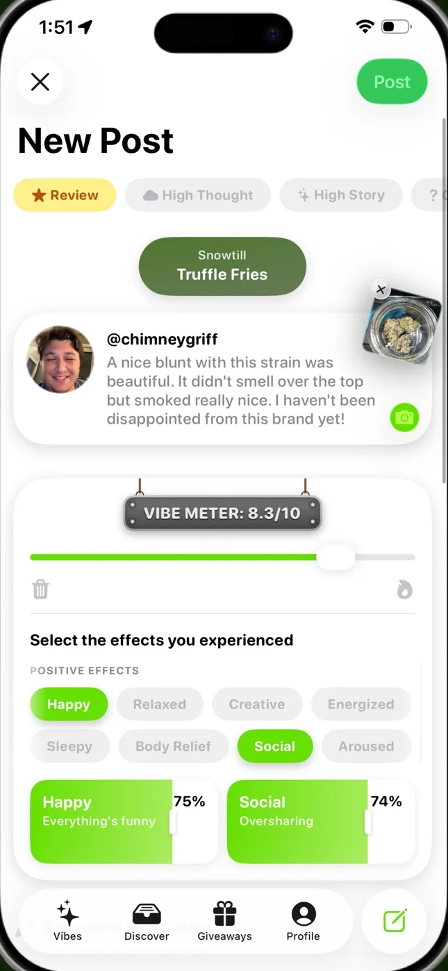 The NugVue review screen: a Vibe Meter rating, photo and a grid of effect tags.