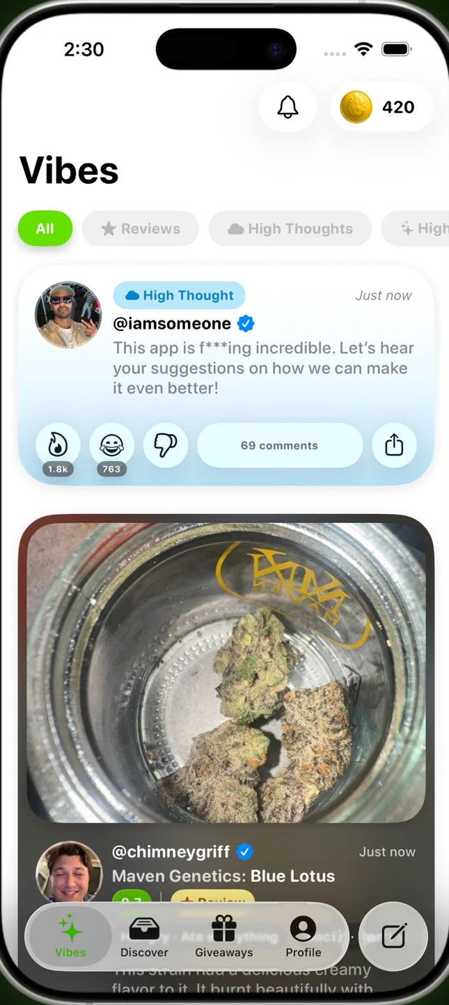 The NugVue Vibes feed: a High Thought post and a photo review.